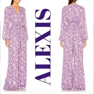EUC ALEXIS Shanice Lavender Floral Boho Plunge Cutout Tie Waist Wrap Jumpsuit, S